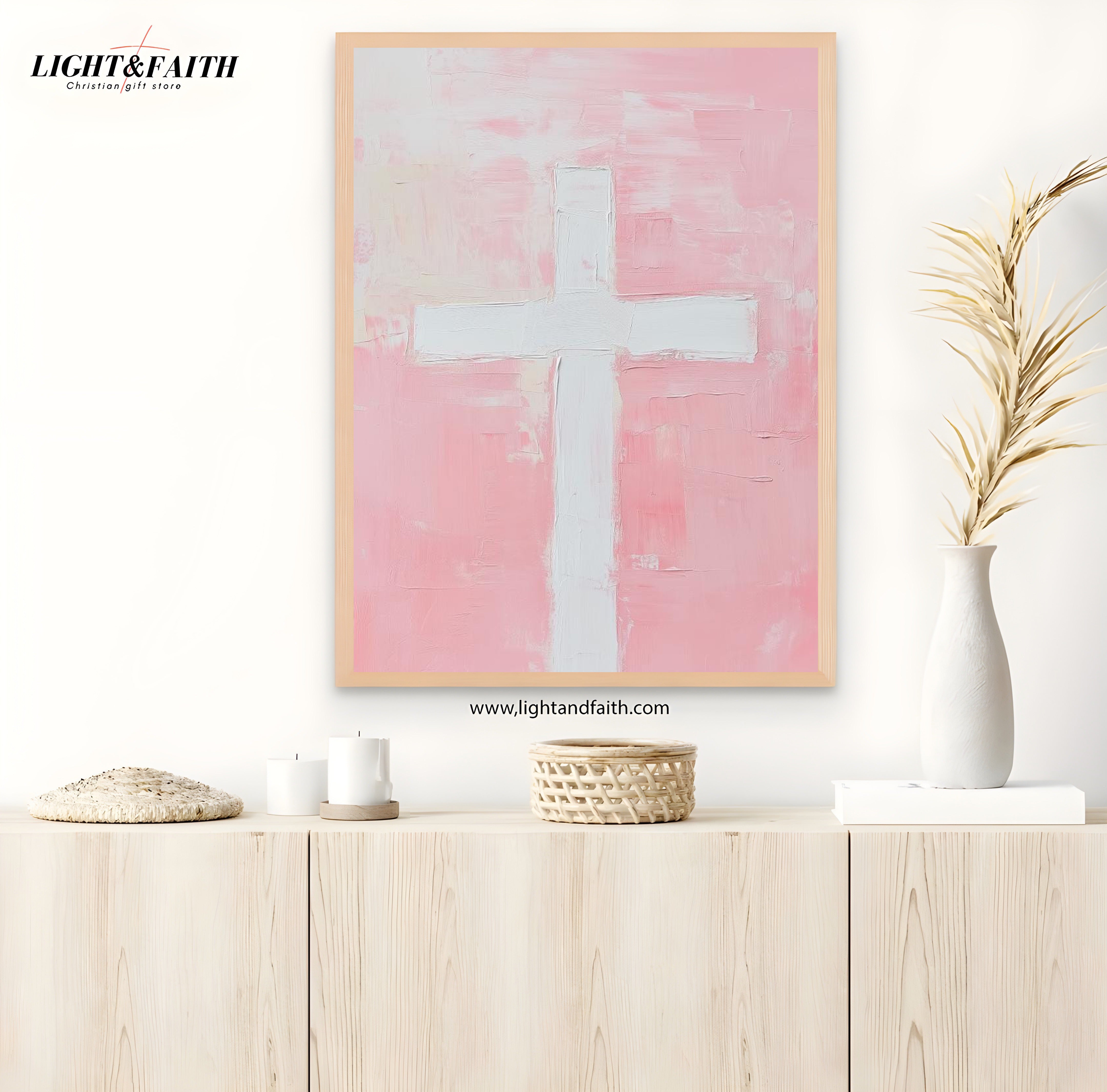 Minimalist Cross Christian Poster, Pink Cross Wall Art, Modern Christian Home Decor, Abstract Jesus Art Print, Light and Faith Gift Idea